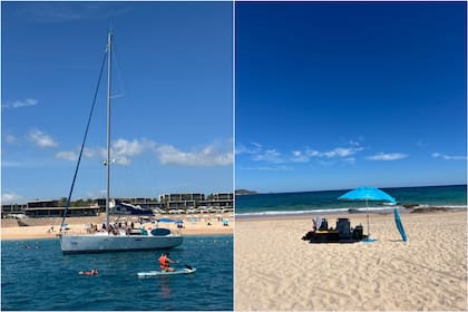 A la izquierda, la playa Santa María, vista desde el agua; a la derecha, la playa de Cabo Pulmo desde la orilla