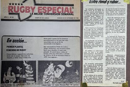 A la izquierda, la publicación de Rugby Especial, primera aparición pública de un equipo de rugby femenino en el país; a la derecha, una de las muchas notas que tomaron en broma el partido entre GEI y Alumni