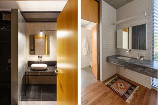 A la izquierda, lavatorio de apoyo 'Marina' (Ferrum). En el del cuarto principal, antebaño con el mismo piso de pinotea de la habitación; revestimiento 'Subway', mesada flotante de mármol con lavatorio, grifería monocomando de pared 'Temple' (FV).