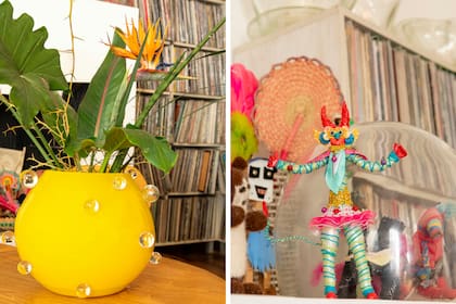 A la izquierda, pieza amarilla brillante por Manghi con esferas que suman efectos de lupa al objeto. A la derecha, recreación de diablito jujeño confeccionado por un artista local.