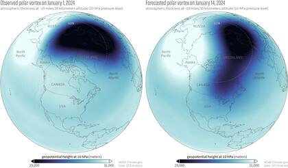 A la izquierda se muestra la situación del vórtice polar al 1° de enero de 2024; a la derecha el pronóstico que indica la llegada de aire helado a la región de EE.UU. a mediados de enero