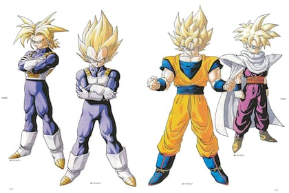 A la izquierda Trunks,a su lado Vegeta, su padre. Gohan a la derecha, y de naranja Goku, su papá.