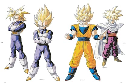 A la izquierda Trunks,a su lado Vegeta, su padre. Gohan a la derecha, y de naranja Goku, su papá. 