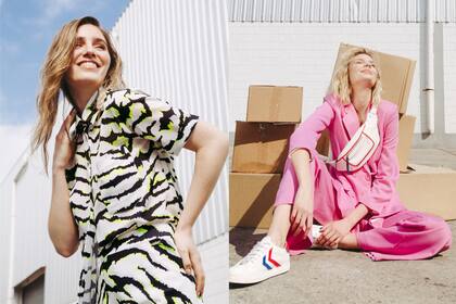 A la izquierda un conjunto (Uma) blanco con estampa negra y amarilla flúor súper liviano para el verano. A la derecha un equipo monocromo (Clara Ibarguren) en rosa chicle con zapatillas y riñonera, ambas blancas con detalles en color.