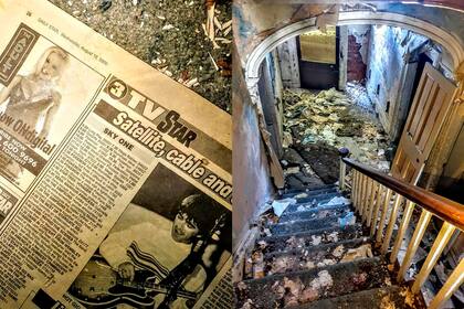 A la izquierda, un ejemplar de Daily Starr en el piso con fecha del 16 de agosto de 2000. A la derecha, una escalera de madera en ruinas