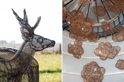 A la izquierda, un primer plano de Espíritus en el viento, la obra de Nadia Guthmann. A la derecha, la obra de Edgardo Madanes: Proyecto para las nubes, exhibida en el silo.