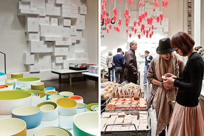 A la izquierda, una instalación de heladeritas. Derecha: pescados realizados en jabón, parte de la muestra Sugao