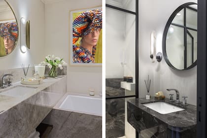 A la izquierda, una nueva e intensa mirada femenina en la fotografía de Daniel Karp (Diderot.Art). La mesada perpendicular en bloque de cuarcita 'Taj Mahal' (Canteras) aprovecha el espacio con elegancia.