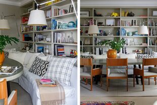 A la mesa ovalada la acompaña un muy original sillón curvo (a medida, Martina Correa). “Las lámparas ‘Tolomeo’ son nuestras favoritas por lejos. Están por todo el departamento”