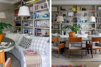 A la mesa ovalada la acompaña un muy original sillón curvo (a medida, Martina Correa). “Las lámparas ‘Tolomeo’ son nuestras favoritas por lejos. Están por todo el departamento”