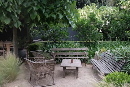 A la sombra de un gran tilo, sillones y una mesa hacen las veces de living al aire libre.