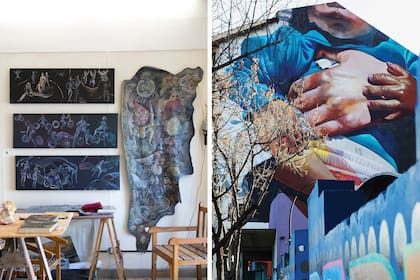 A la izquierda, uno de los talleres de Boca de Fuego. A lo largo del Distrito de las Artes hay intervenciones de artistas locales y extranjeros sobre fachadas y medianeras de edificios: acá, el impresionante mural-homenaje a las madres trabajadoras del alemán Case Maclaim.