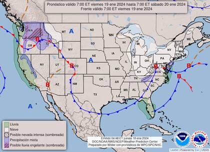 A partir del viernes a la tarde, se estima que un nuevo frente frío (línea azul) cubra la península de Florida
