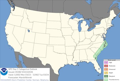 A pesar de la estabilización general, el frente tenderá a estancarse sobre Florida durante la noche, lo que permitirá la persistencia de lluvias aisladas, mientras que en Georgia y Virginia se espera actividad convectiva limitada durante la tarde