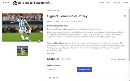 A pocos días de haber comenzado, la puja ya asciende a US$6000 por la casaca firmada por Lionel Messi