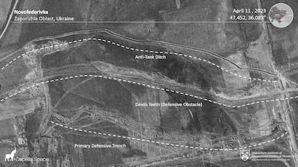 A satellite image shows Novofedorivka with annotated trenching operations, amid Russia's invasion of Ukraine, in Zaporizhzhia region, Ukraine, April 11, 2023.