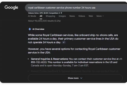 A través de esta búsqueda, se reflejó el número recomendado por Google para llamar a Royal Caribbean: era falso