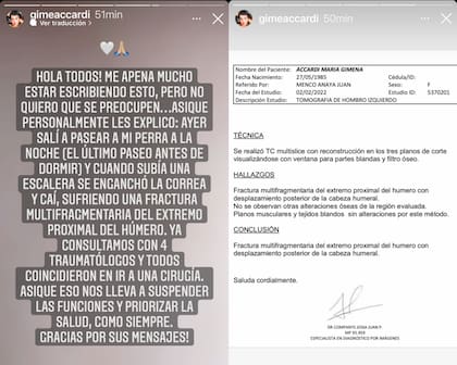 A través de Instagram, Accardi brindó los detalles de su accidente