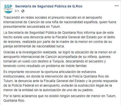 A través de la cuenta oficial de Facebook de la Secretaría de Seguridad Pública e Q. Roo se desmintió el secuestro