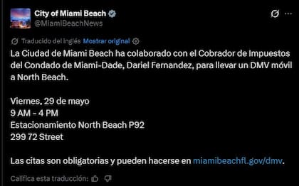 A través de redes sociales, las autoridades de Miami Beach invitaron a los usuarios a aprovechar del servicio temporal del DMV en la ciudad