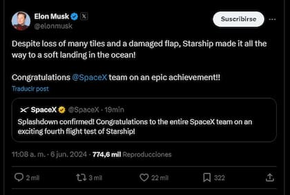 A través de su cuenta en X, Elon Musk celebró el lanzamiento de Starship