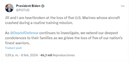 A través de sus redes sociales, el presidente de EE.UU., Joe Biden, expresó su pesar por lo que llamó la “pérdida de cinco de los mejores guerreros”