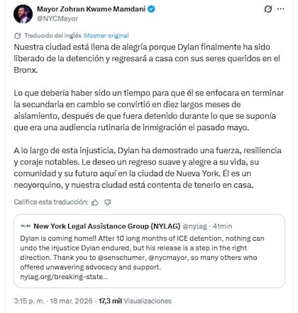 A través de sus redes sociales, Zohran Mamdani celebró la liberación de Dylan López Contreras