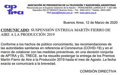 A través de un comunicado, Aptra dio a conocer la suspensión de la entrega de los premios Martín Fierro 2020 por la pandemia de coronavirus