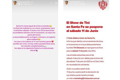 A través de un comunicado en redes sociales, Tini confirmó la triste noticia y anunció la nueva fecha de su show en Santa Fe (Foto: Instagram @tinistoessel)