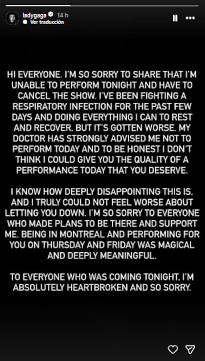 A través de un posteo en Instagram, Lady Gaga anunció la cancelación de su tercer show en Montreal por un problema de salud (Foto: Instagram @ladygaga)
