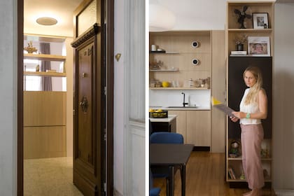 A través de un vano con estantes, el living queda parcialmente integrado a la entrada principal, hacia donde irradia su luz y desde donde −al ingresar− se anticipa algo del interiorismo.