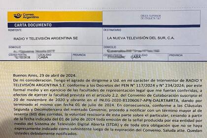 A través de una carta documento, el interventor de Radio y Televisión Argentina (RTA), Diego Chaher, solicitó poner cese al Convenio de Colaboración firmado el 20 de noviembre de 2020