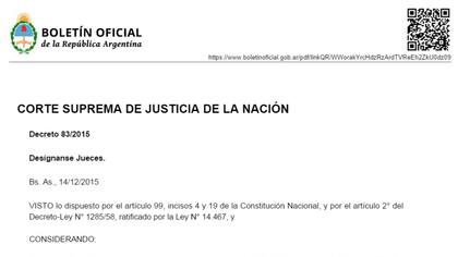 A través del decreto 83/2015, Macri designó a Rosatti y Rosenkrantz en el máximo tribunal