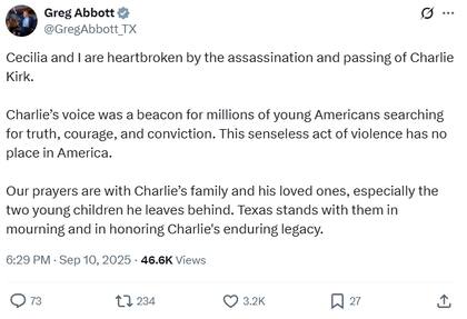 Abbott aseveró que Charlie Kirk era un faro para millones de estadounidenses por sus convicciones