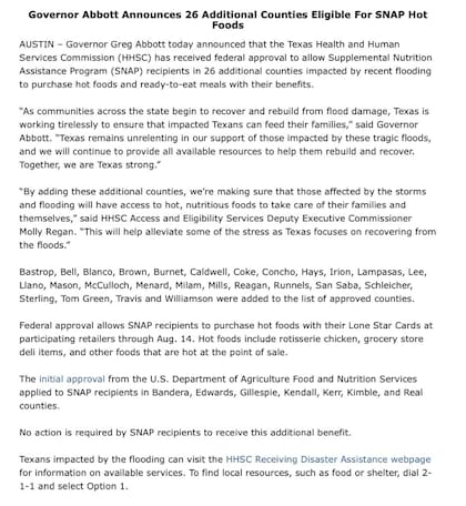 Abbott aseveró que Texas buscaría garantizar que todos los tejanos tengan comida