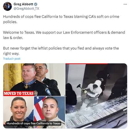 Abbott compartió una publicación acerca del éxodo de los policías en California