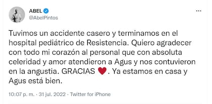 Abel Pintos relató que sufrió un accidente doméstico junto a su hijo Agustín, de casi dos años.