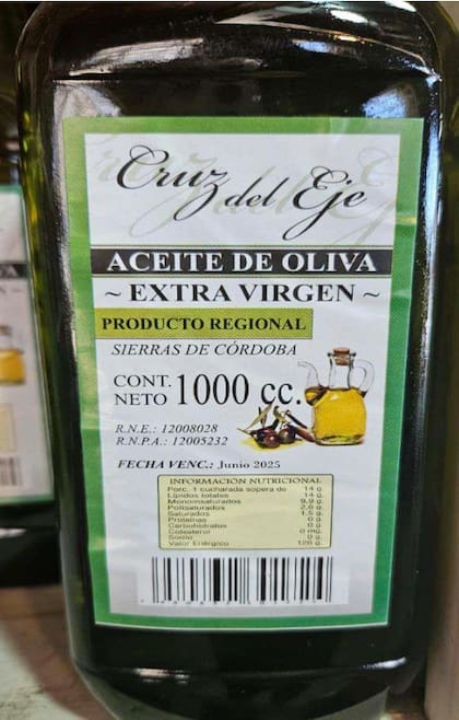 Aceite de Oliva Extra Virgen, Marca Cruz del Eje, RNE 12008028 y RNPA 12005232