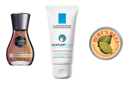 Aceite hidratante para cutculas, $159, Cutex. Cicaplast, crema regeneradora de la barrera cutnea, calma y repara, $408, La Roche Posay. Crema para cutculas de manteca de limn, $200, Burts Bees