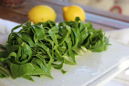 Acelga lavada y picada sobre una tabla de picar verduras