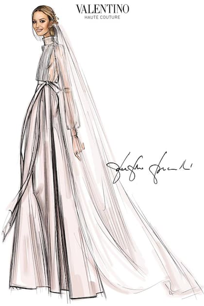 "Acompañar a una mujer en uno de los momentos más importantes de su vida siempre es un regalo para mí. Un sofisticado rosa claro casi blanco fue el color elegido para el vestido. Quería que fuera ligero como un aura que irradia las emociones de la novia, no solo un vestido, sino algo más vinculado a la magia del momento, al igual que el velo y las pequeñas flores sobre el peinado de la novia La camisa de gasa plisada y la falda hablan un lenguaje más contemporáneo y, al mismo tiempo, romántico", destacó el diseñador