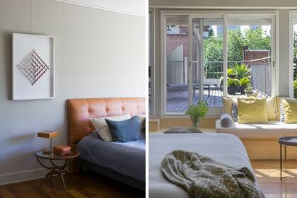 Acrílico del argentino Luis Tomasello y respaldo en cuero color habano. El piso del cuarto, así como el zócalo y el sofá junto al ventanal, están revestidos en lapacho hidrolaqueado.