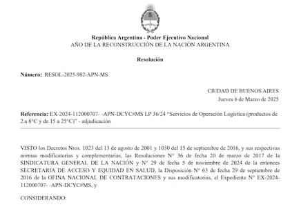 Acta de adjudicación firmada por el ministro Mario Lugones, el 6 de marzo