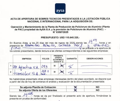 Acta de apertura de sobres técnicos de ofertas presentadas para la licitación de AySA