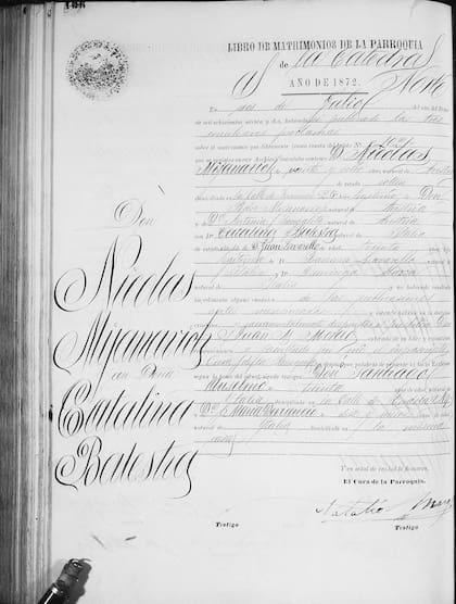 Acta de Matrimonio de Nicolás Mihanovich con Catalina Balestra, en 1872: él era cinco años menor que ella, pero declaraba ser mayor, probablemente, para acortar esa brecha.