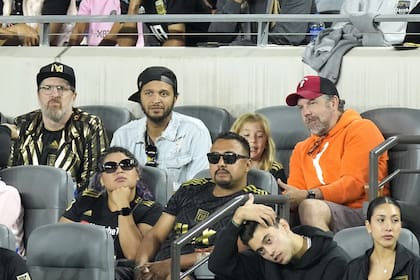 Actor Jason Sudeikis, right, sits with actor Brendan Hunt, left, during the first half of a Major League Soccer match between Los Angeles FC and Inter Miami Sunday, Sept. 3, 2023, in Los Angeles. (AP Photo/Mark J. Terrill)�