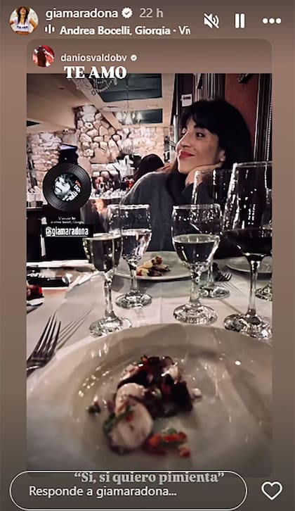 Además de replicar la publicación, Gianinna le dedicó un "te amo" a Osvaldo (Foto: Instagram @giamaradona)