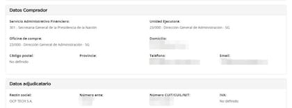Adjudicación de la Secretaría General de Presidencia a favor de OCP Tech, según muestra el sitio de compras del Estado, Comprar