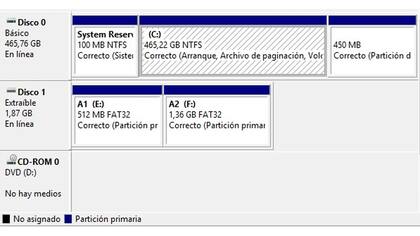 Administración de equipos, una de las Herramientas Administrativas de Windows (10, en este caso), con dos discos físicos y cinco particiones. El Disco 1 es un pendrive de 2 GB