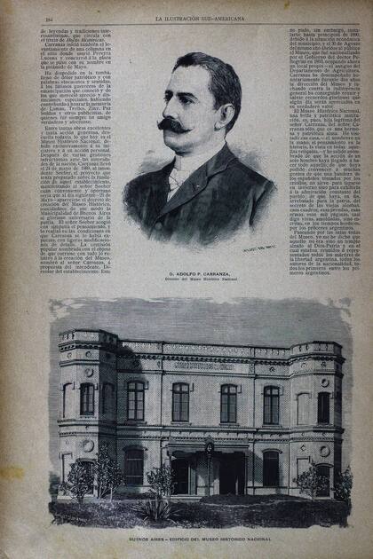 Adolfo P. Carranza y la sede del Botánico del MHN en La Ilustración Sudamericana, del 16 de abril de 1894.